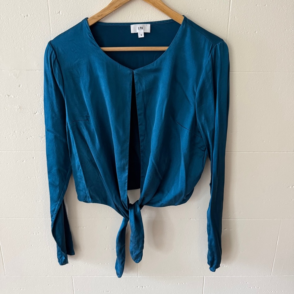 Revolve LPA | Size Small | Silk Classy Blue Top with Tie